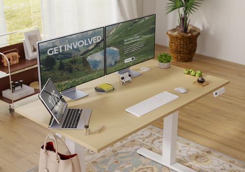 Seang Electric Standing Desk Adjustable Height, 40 x 24 Inch Sit Stand Desk with T-Shaped Frame, 3 Memory Presets & Cable Management for Home Office Computer Workstation, White Frame/Nature Top