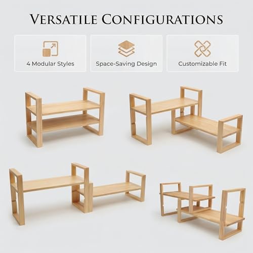 Desk Shelf, 100% Solid Wood Adjustable Desktop Bookshelf, No Tools or Nails Required Retro Tabletop Bookshelf, 130lb Load Capacity for Living Room, Office, for Books, Cookbooks,Nature Pine Color