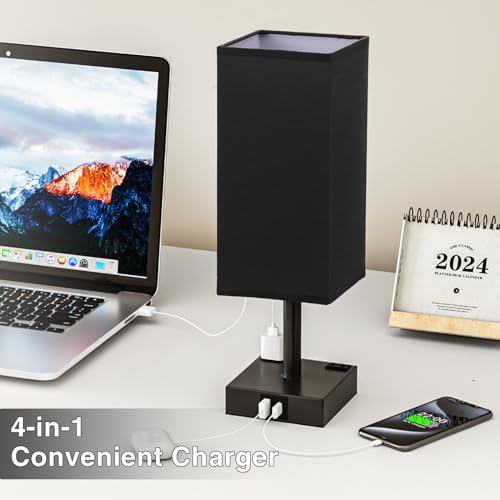 Touch Bedside Table Lamp for Nightstand - 3-Way Dimmable Night Lamp with USB A + Type C Charging Ports and Two AC Outlets, Small Desk Light with E26 LED Bulb for Bedroom Living Room Dorm Office,Black