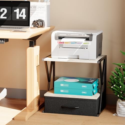 aboxoo Printer Stand for Desk with Storage Drawer, 2 Tier Desktop Or Under Desk Shelf, Multi-Purpose Desks Organizer for Home Office, fit Fax Machine/3D Printer/Scanner, Grey
