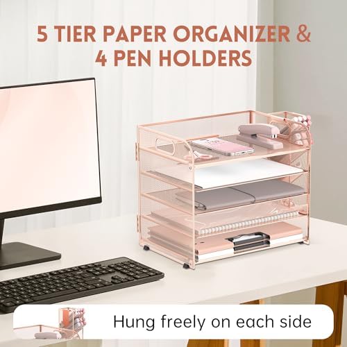 5-Tier Paper Organizer for Desk with Pen Holders, Letter Trays, Rose Gold