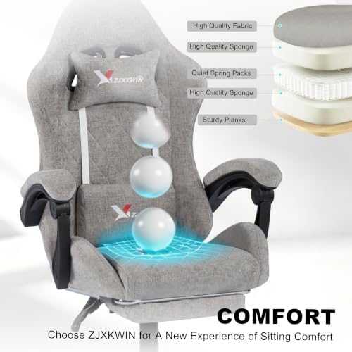 Fabric Gaming Chair for Adults, Ergonomic Computer Office Desk Chair with Footrest,Pocket Spring Cushion, Reclining High Back Silla Gamer for Home Office, Light Grey