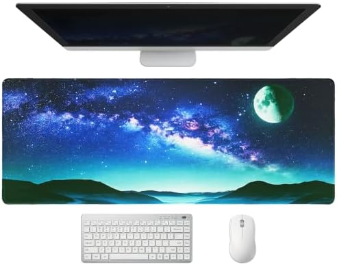 Extended Galaxy Full Moon Desk Mat, XL Large Gaming Mouse Pad, Starry Sky Stitched Edges Waterproof with Non-Slip Rubber Base for Computer Keyboard Laptop Work Home Office 31.5"x11.8"