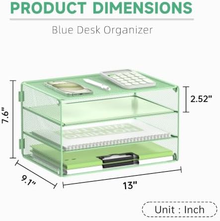 DALTACK 3 Tier Letter Tray Paper Organizer with Sliding Trays Mint Green