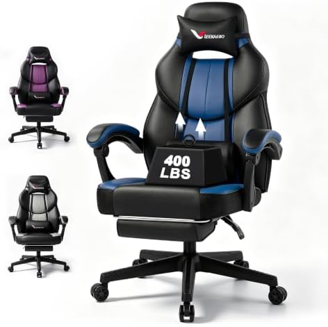 Blue Gaming Chair Big and Tall 400 lbs, Ergonomic Office Chair with Pocket Spring Cushion, Retractable Footrest, Adjustable Recliner, Heavy Duty Leather Office Chair
