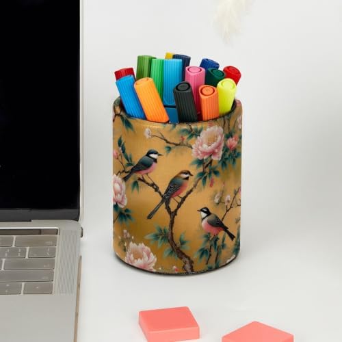 Leather Pen Holder for Desk, Peony Bird Pencil Cup Pen Organizer Makeup Brush Holder for Office Home Kids Countertop Desk Accessory Storage