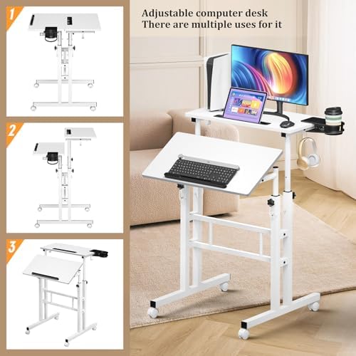 Enayplon Small Standing Desk with Wheels, Mobile Stand Up Desk, Portable Standing Table on Wheels for Walking Pad, Rolling Computer Desk Adjustable Height, Tall Table