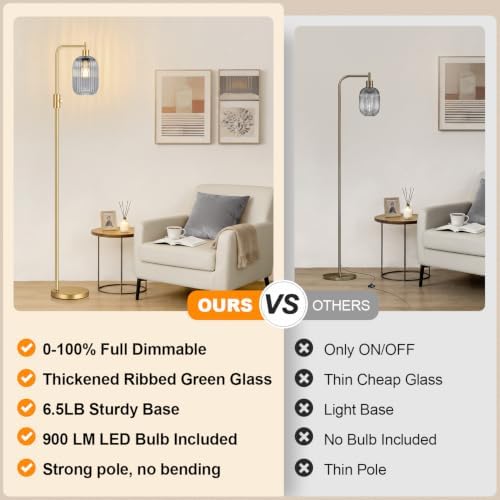 【Upgraded】 Dimmable Floor Lamp for Living Room with Gray Ribbed Glass Lampshade, Gold Modern Floor Lamp with 900LM LED Bulb Included, Arc Standing Tall Lamp for Bedroom, Office, Reading Room, Corner