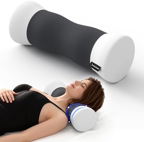 Neck Roll Pillow - Cooling Cover Round Neck Pillow for Sleeping - Memory Foam Cervical Support Pillow - Ergonomic Cylinder Pillows for Neck, Leg, Back, Yoga, Relaxing (Grey White)
