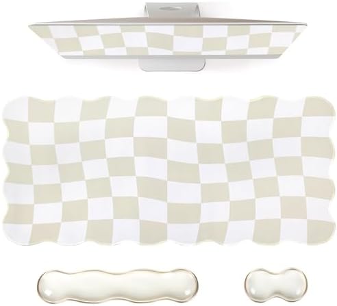L-SPOUTTO Beige Checkered Mouse Pad Set,Scalloped XXL Desk Mat Set