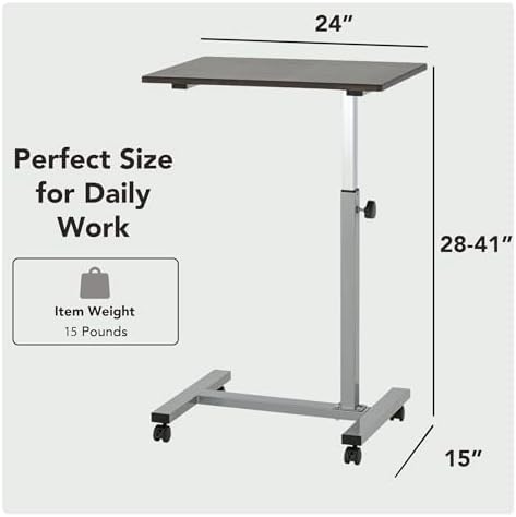 Displays By Jack Adjustable Height Rolling Laptop Desk, Silver Mobile Sit Stand Computer Table on Wheels – 24 x 15 in Portable Workstation for Home Office, Study Room, Classroom