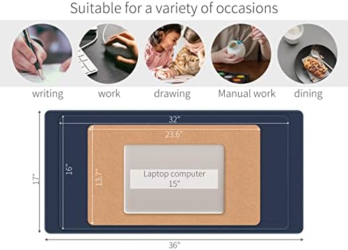RENMTURE Dual-Sided Mouse Pad, Natural Cork & PU Leather Large Desk Pad for Office and Home Work, Desk Protector Non-Slip, Waterproof, Easy Clean (Dark Blue, 23.6" x 13.7")