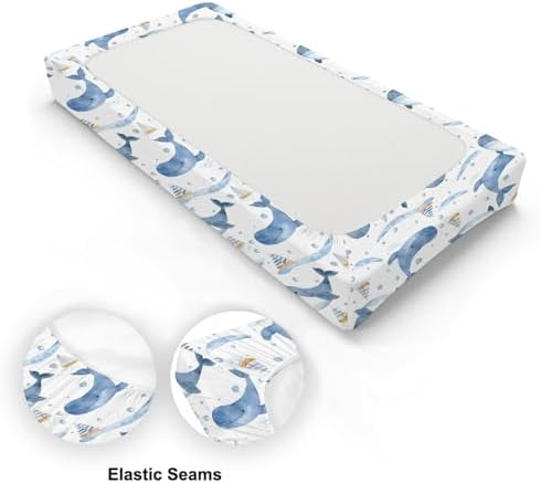 Watercolor Sea Animals Boats Pattern Baby Changing Pad Cover, Unisex Ocean Whale Nursery Diaper Changing Table Pad Mat Sheet for Boys Girls-16x32