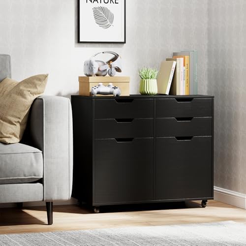 GIANTEX 4-Drawer File Cabinet, Rolling Printer Stand with 2 Lockable Wheels, Wooden Lateral Filing Cabinet, Load 298 Lbs, Under Desk Craft Storage Organizer for Home Office Organization (Black)