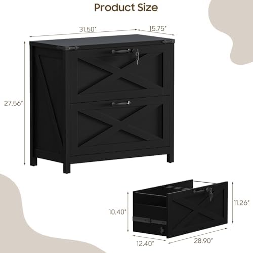 Halitaa Farmhouse Lateral File Cabinet with 2 Drawers, Rustic Black