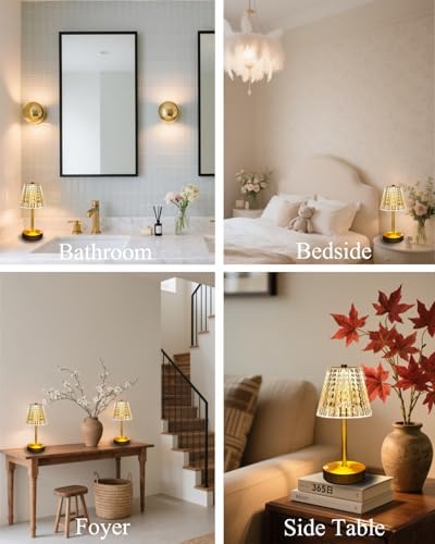 Set of 2 Rechargeable Table Lamps-Small Size Battery Powered Lamps-Cordless Desk Lamp for Restaurant Dinner Bathroom Kitchen Countertop Tabletop Ambient Lighting-Brushed Brass Gold Wireless Lamps