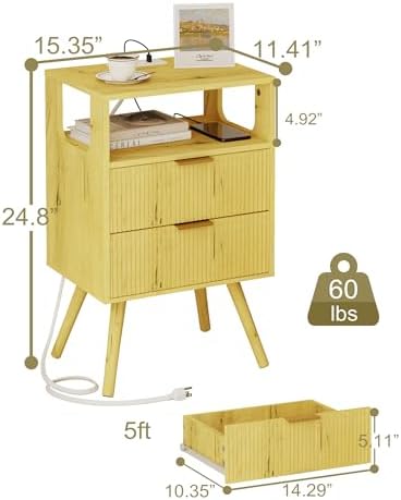 JOONEE Nightstand with Charging Station and LED Lights,Modern Bedside Table with 2 Storage Drawer and Open Wood Shelf, for Bedroom and Small Spaces,Night Stand with Solid Wood Legs (Yellow Oak)