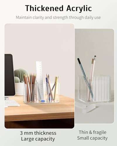 Uniclife Clear Acrylic Pen Holder for Desk, Plastic Pencil Holder Pen Organizer with 3 Compartments, Desktop Stationery Organizer for Office Home School, Vertical Makeup Brush Holder, 6.8" x 3" x 4"