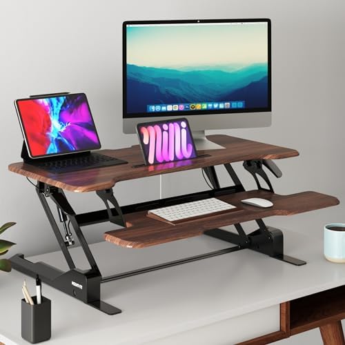 Mount-It! Large 38 Inch Standing Desk Converter, Sit Stand Desk Riser for Dual Monitors with Keyboard Tray, Height Adjustable Desktop Workstation, Easy Lift Gas Spring, Rustic Walnut Brown