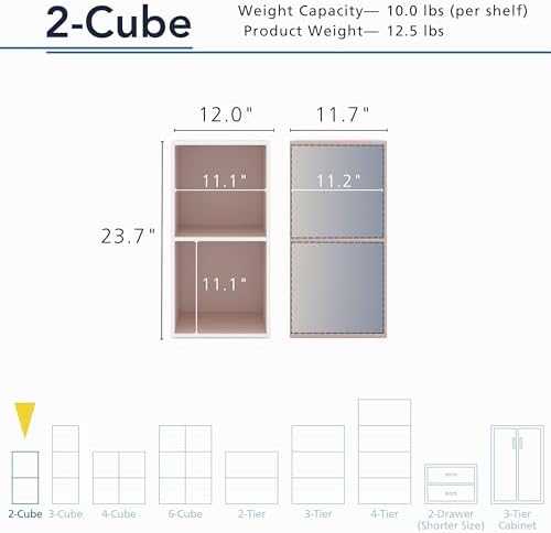 Homes: Inside + Out Apexa 2-Cube Storage Organizer Shelves, Stackable Wood Bookcase Fits Cubby Bins for Organization, Dorm Teen Room Decor & Home Office, Light Pink