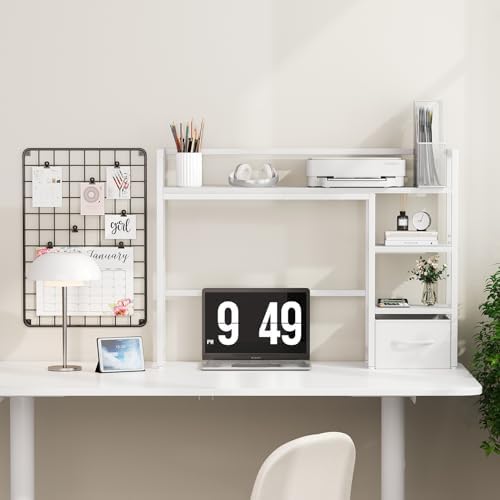 Marbrasse Desk Shelf with Drawer, 40" Desk Hutch for Computer Monitor, Desk Shelf for top of Desk, Wooden Desktop Bookshelf Storage Rack for Home Office Dorm - White