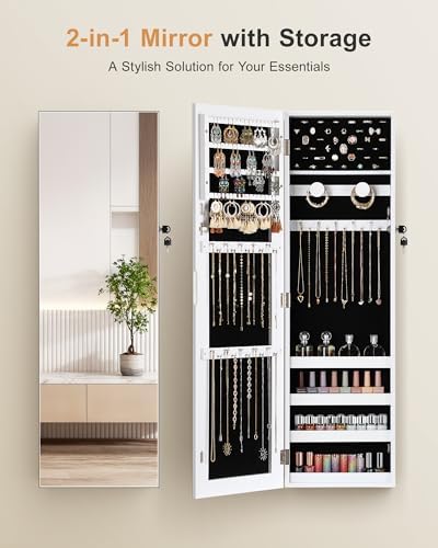 Nicetree Jewelry Cabinet Armoire, Hanging Jewelry Organizers and Storage, Lockable Jewelry Cabinet with Full-Length Mirror, Wall or Door Mount Jewelry Mirror Cabinet, Shelves, Polishing Cloth