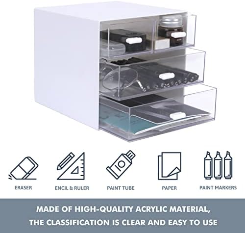 Desk Organizer with Drawer, Office Organizer with 4 Drawers, Desk Storage Box for, Desktop, Dressing table, Office, School, Home, Plastic Box and 4 Acrylic Drawers(White)