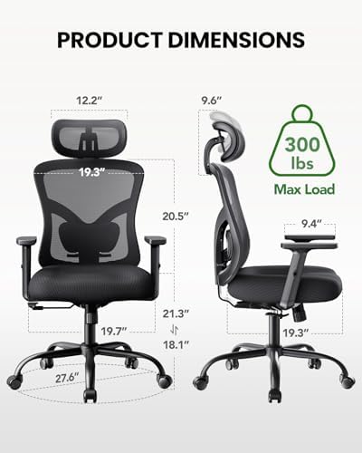Marsail Ergonomic Office Chair Ergonomic Gaming Chair with Lumbar Support, 2D Headrest, Adjustable Armrests, Contoured Seat Cushion, Computer Desk Chair with Wheels for Home and Office, Pack of 2