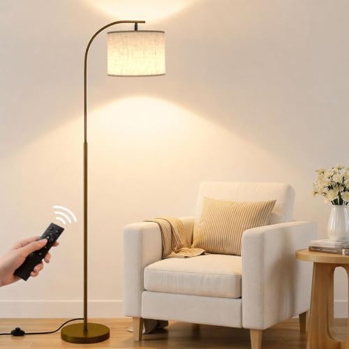 SIBRILLE Floor Lamp with Linen Shade, Arc Dimmable Tall Standing Lamp with Remote Control, Modern Floor Reading Light for Living Room Bedroom Office Corner, 9W LED Bulb Included