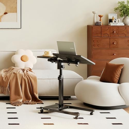 Furist Overbed Table with Wheels Adjustable Height, Mobile Standing Stand Up Rolling Laptop PC Desks with Tilting Top Height Tray Side Computer Workstation for Bedroom on Hospital Home Use, Black