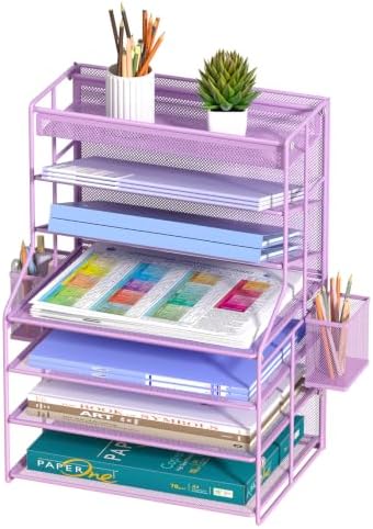 Purple 7 Tier Desk File Organizer, Metal Letter Tray Paper Organizer with Pull-Out Drawer, Removable Pen Holder & Hanging Basket, Vertical Desktop File Holder for Home Office, Classroom