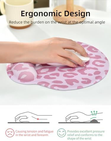Leopard Mouse Pad Wrist Support Wrist Rest, Ergonomic Mouse Pad with Non-Slip Base for Office Gaming Working Computers,Desk Accessories Pain Relief Mouse Mat for Home&Game Decor, Pink