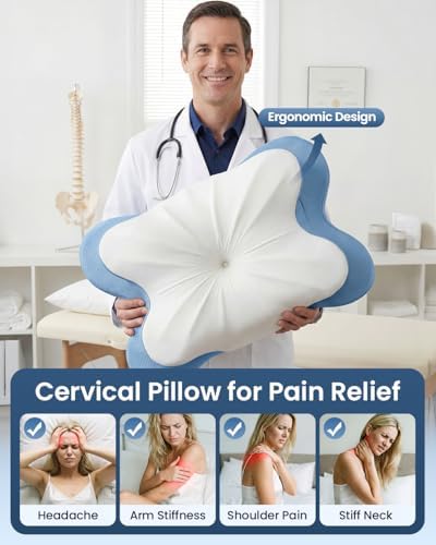 Cervical Pillow for Neck Pain Relief, 4-Height Adjustable Oeko-TEX Memory Foam Contour Pillow for Sleeping, Ergonomic Orthopedic Cooling Neck Pillow for Side Back Stomach Sleepers, Arm Support