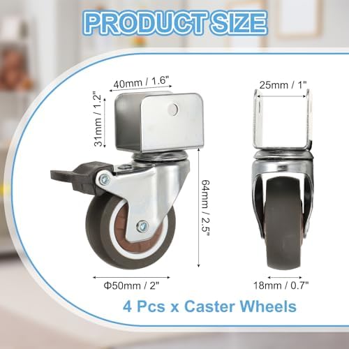 PATIKIL 2 Inch Caster Wheels, 4 Pcs Swivel Casters with Break 1" U Bracket Opening 55 Lb Capacity Per Caster for Furniture Office Chairs Carts and Cabinets, Brown