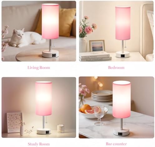 Dicoool Pink Bedside Table Lamp for Girls Bedroom - USB A+C Charging Ports