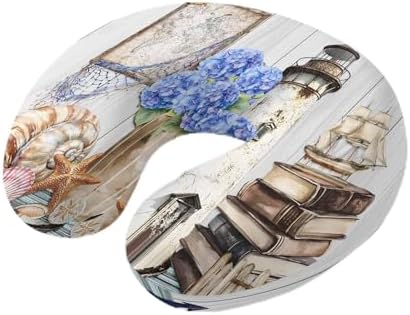 Neck Pillow Vintage Lighthouse Anchor Flower Washable Memory Foam Pillow for Airplane Office Car Sleeping, Shell Starfish on Desk Travel Pillows U Shaped Stretch Neck Support Pillows