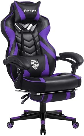 Vonesse Gaming Chair, Big and Tall Gaming Chair with Footrest and Massage, Gaming Chairs for Adults with Lumbar Support, Ergonomic High Back Computer Chair with Pocket Spring Cushion (Purple/Black)