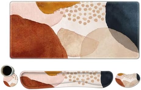 ToLuLu Extended Gaming Mouse Pad, Memory Foam Ergonomic Keyboard Mouse Wrist Rest Support Set, Large Desk Mat with Stitched Edges, Non-Slip Base Mousepad for Home Office and Game, Brown Boho Art