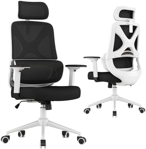 Mesh Ergonomic Office Chair with Lifting Armrests Home Office Desk Chair with Headrest and Backrest 90-150 Adjustable for Home, Office, Gaming, Student（White+Black）