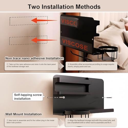 Bcareself Bedside Wall Organizer, Floating Bedside Shelf Wall Mount, Dorm Room Essentials, Remote Control Holder, Dorm Decor Organization and Storage Cool Teen Girls Trendy Stuff (Black)