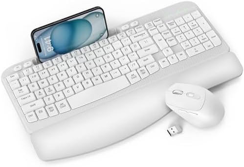 Wireless Keyboard and Mouse Combo, Full-Sized Ergonomic Wave Keys Keyboard with Memory Foam Wrist Rest & Phone Holder, 2.4G Quiet Keyboard Mouse Work Setup for PC Laptop, Office or Home (White)