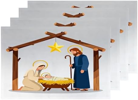 Shrahala Christmas Christ Scene Set of 4 12 X 18 Inch Linen Placemats, Merry Christmas Concept with Holy Burlap Table Mat Washable Double Layered Heat Insulation for Indoor/Outdoor