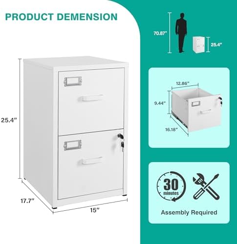 SISESOL 2 Drawer File Cabinet with Lock,Narrow Vertical Filing Cabinet,Under Desk File Cabinets,White Metal File Cabinets for Home Office,Fit Letter/A4/Legal Size File,Easy Assembly