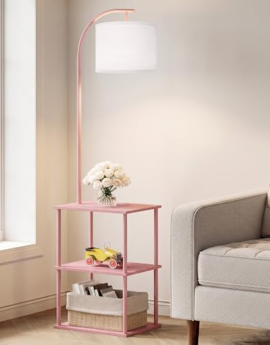 PARTPHONER Floor Lamp with Table, Night Stand with Lamp, Narrow Side Table with 3CCT LED Bulb, Small Coffee Table, Modern End Table with Storage Shelves for Living Room Bedroom Home Décor Pink