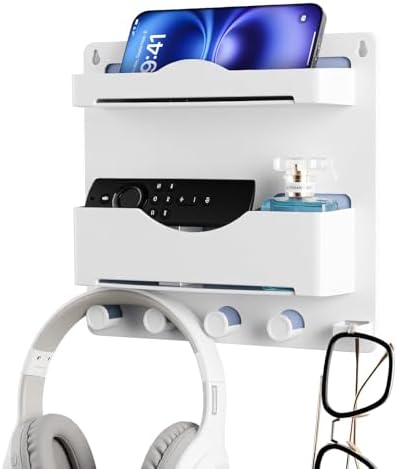 Bedside Wall Shelf with Glasses Hooks, Adhesive Bedside Organizer Wall Mount for Dorm and Room Accessories Phone，Remote，Earphone， Kindle (White)