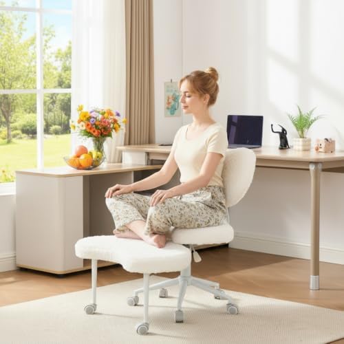 Ergonomic ADHD Criss Cross Legged Office Desk Chair - Meditation Kneeling Yoga Chair Adjustable Height with Wheels Lumbar Support, 360° Swivel Wider Footrest for Home Work, White