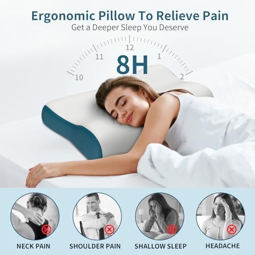 Neck Pillow Contour Memory Foam Pillows for Pain Relief Bed Pillow for Sleeping, Ergonomic Pillow for Neck and Shoulder Pain, Orthopedic Cervical Pillow for Side Back Stomach Sleeper (Grey&Blue)