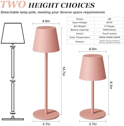Kakanuo Cordless Table Lamp Rechargeable Pink - KK 2 Pack 5000mAH Battery Operated Lamp for Counter, 3 Color Stepless Dimming Wireless Lamp for Dining Kitchen, Outdoor Patio, Touch Control