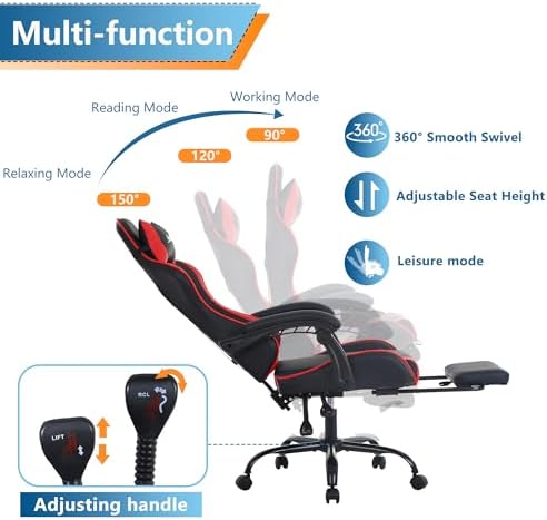PayLessHere Ergonomic Racing Desk Chair Computer Chair Gaming Chair with Footrest Lumbar Support Headrest Armrest Task Rolling Swivel Ergonomic E-Sports Adjustable PC Gamer Chair (Red)