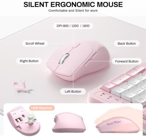 Wireless Keyboard and Mouse Combo,2.4G Ergonomic Wave Keys(Pink & White-B)